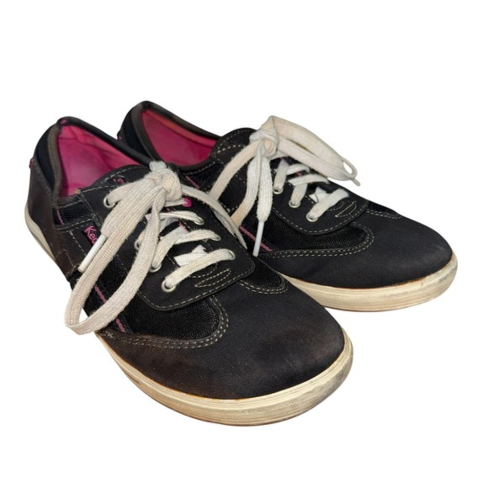 Keds Womens 7 Pre-Owned WF52712 Black Canvas‎ Mesh Low Top Sneakers Pink Trim
